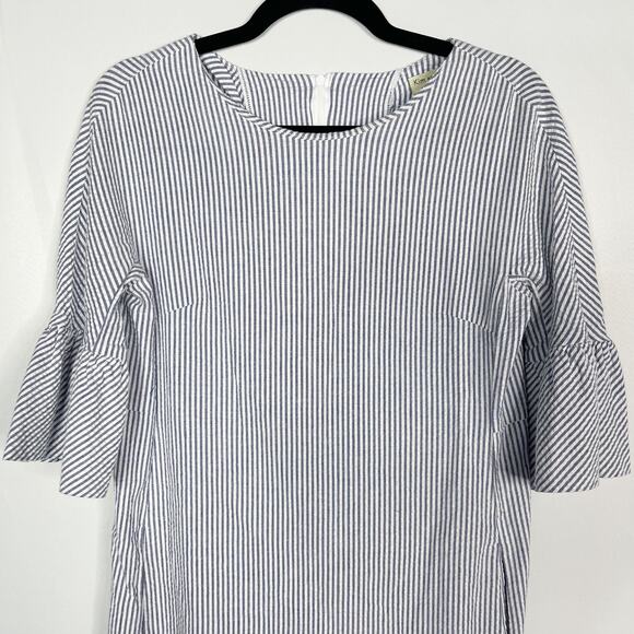 Kim and Proper XXS Blue White Seersucker Striped Short Bell Sleeve Dress Cotton - Picture 3 of 11